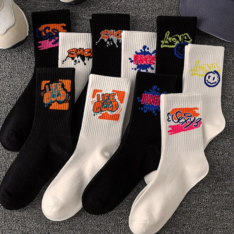 5/10 Pairs of High-Quality Couple's Fashionable Sports Socks With Graffiti Patterns Soft and Comfortable Men's Oversized Socks