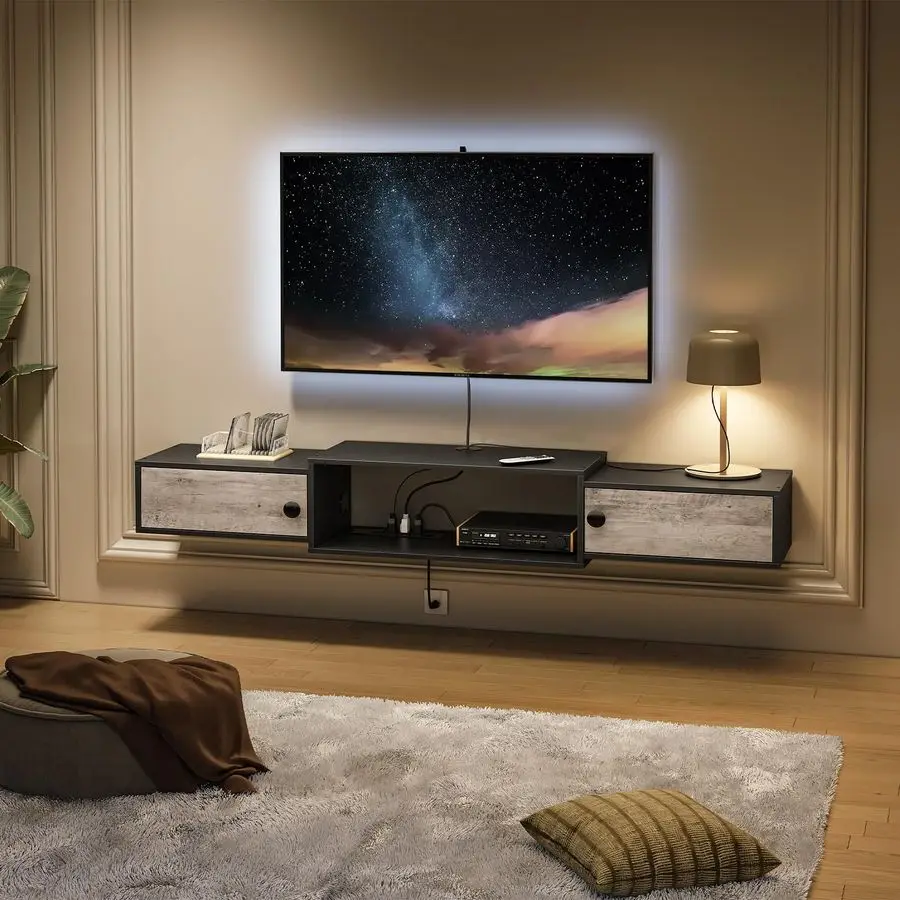 

55 Floating TV Stand with Power Outlets, Modern Wall Mounted Media Console Shelf with Doors, Entertainment Center for Under TV