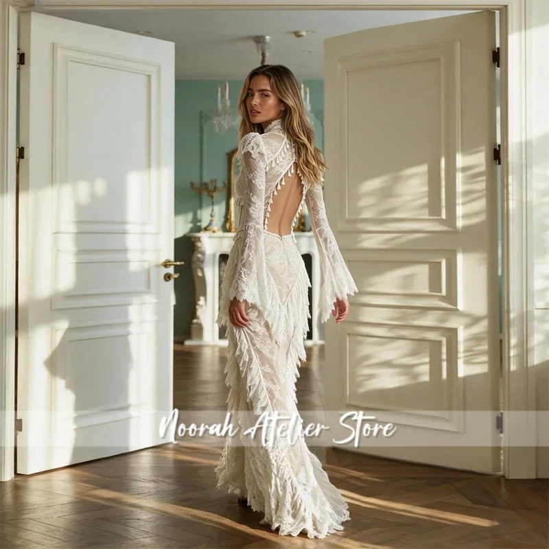 Sheer Lace Mermaid Wedding Dress High Collar Long Sleeves With Tassel Bridal Gown Customized For Women Bridal Photoshoot