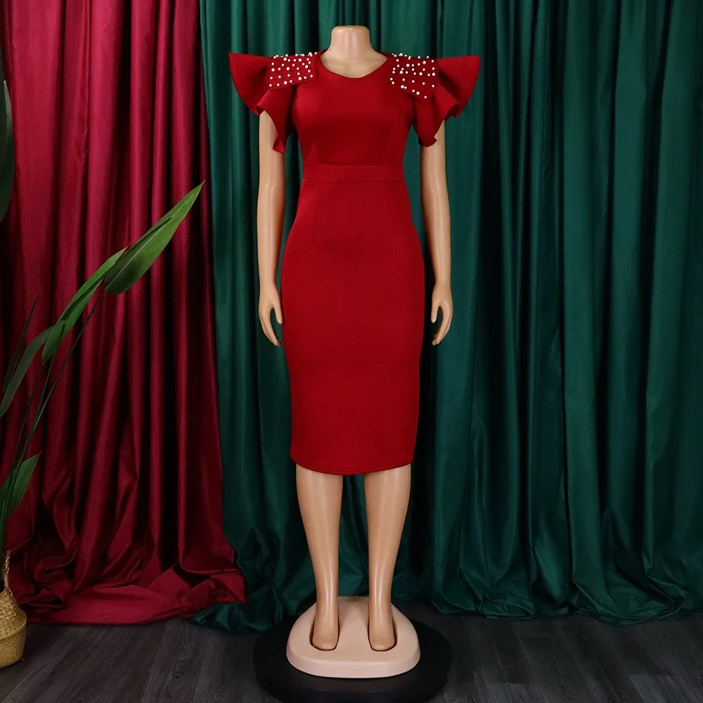 2024 New Dresses for Women O Neck Ruffles Sleeve Solid Beaded Package Hips Mid Calf Elegant Birthday Party Dinner Vestidos Mujer