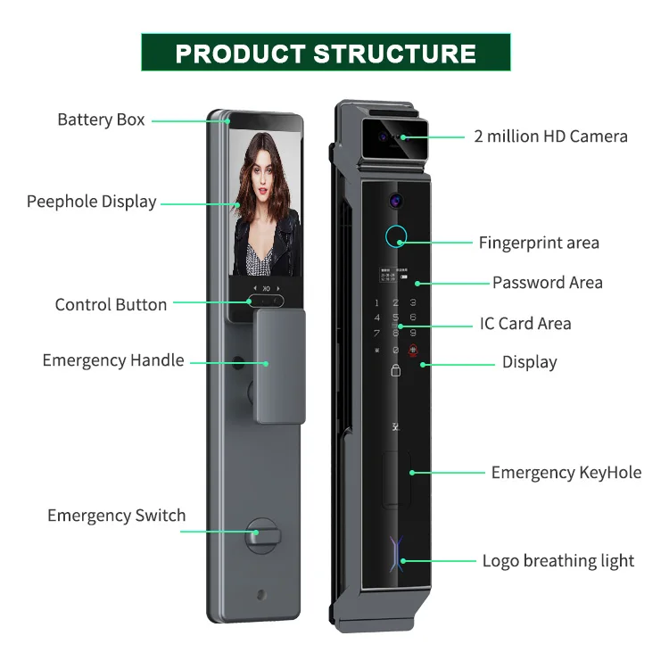 3D 얼굴 인식 팜 잠금 해제, 지문 잠금, 스마트 문짝 잠금, 녹화 카메라, 스마트 문짝 잠금