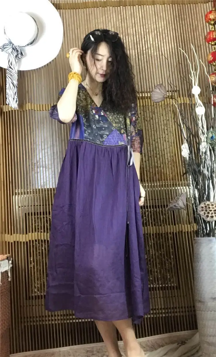 Été coton lin grande taille imprimé Dr vêtements pour femmes v-ne a-ligne longue Dr confortable taille ample T-shirt Sle