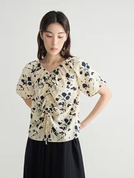 DUSHU New Chinese Style Unique Design Printing Elegant Shirt Summer New V-neck Loose Versatile Casual Top For Women 24DS82644