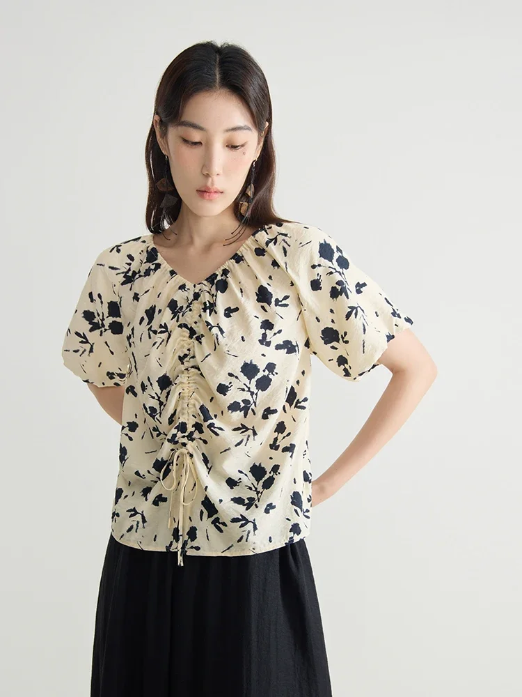 DUSHU New Chinese Style Unique Design Printing Elegant Shirt Summer New V-neck Loose Versatile Casual Top For Women 24DS82644