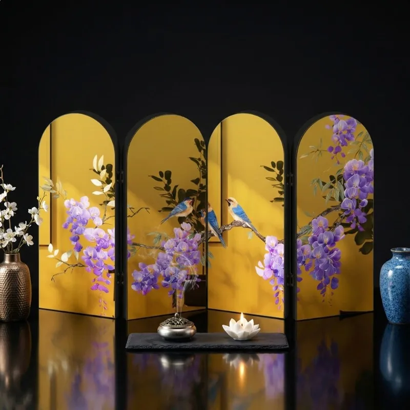 1Pc Mirror Gold Silver Folding Screen Chinese Landscape Flower Desktop Decor Display Stand For Entryway Porch Cabinet Home Decor