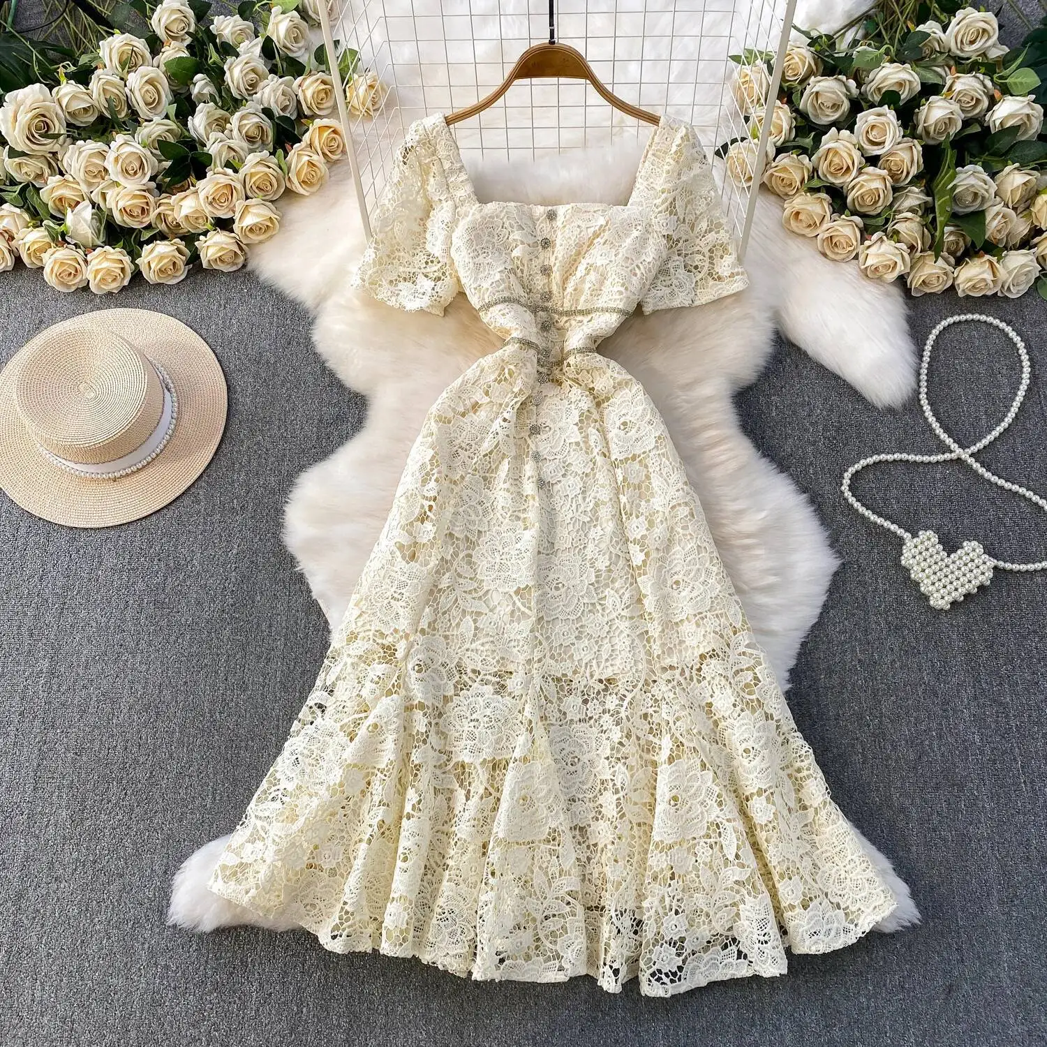 

Шикарное винтажное кружевное платье с квадратным вырезом и короткими рукавами, элегантное сказочное корейское модное осеннее вечернее женское платье