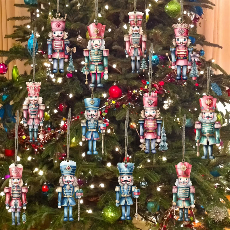 12Pcs Wooden Nutcracker Soldier Wooden Pendant Craft Xmas Tree Hanging Ornament Christmas Decoration For Home New Year Gift