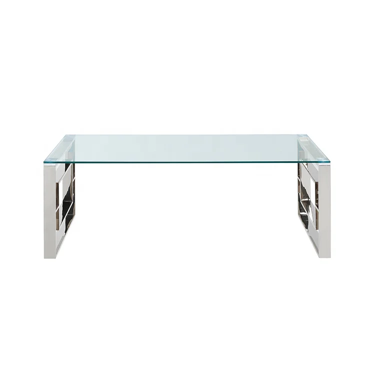 wholesale modern home furniture rectangular metal stainless steel living room transparent tempered glass coffee table