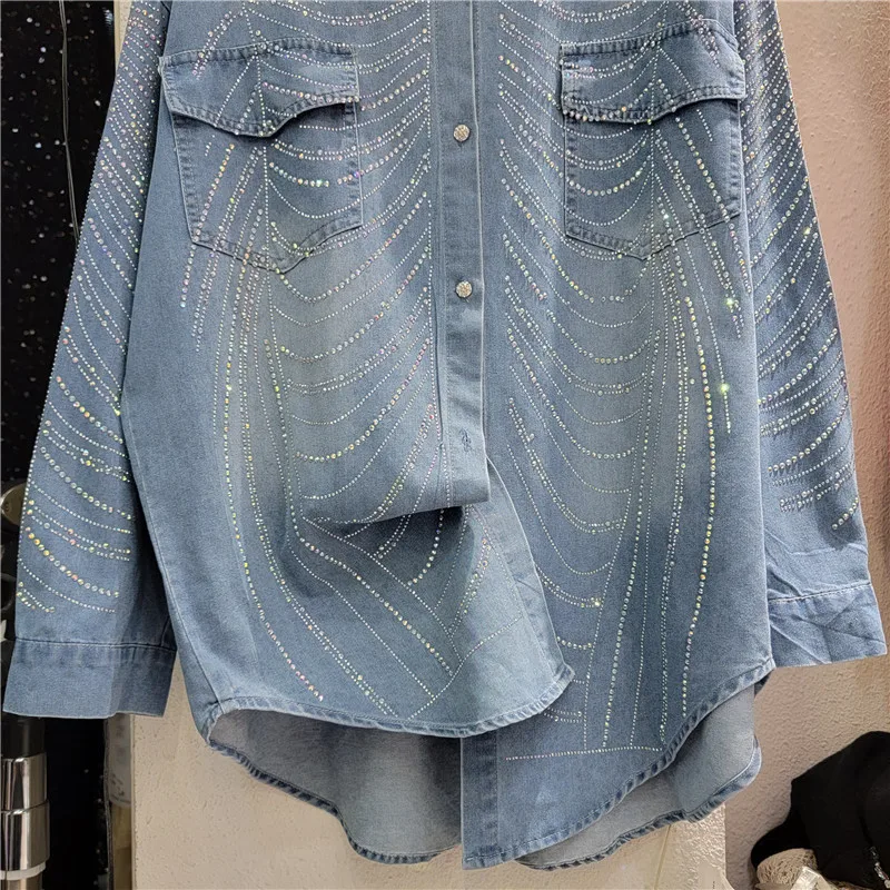 Colorful Rhinestone Long-Sleeved Denim Shirt Women 2024 Spring Autumn New Loose Mid-Length Lapel Single Breasted Cardigan Coat