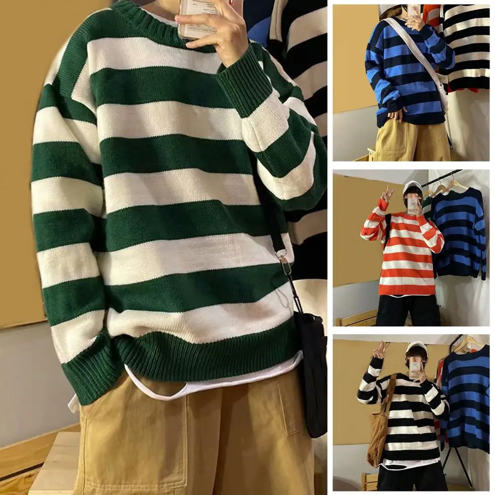 

Men Autumn Sweater Warm Round Neck Long Sleeves Pullover Comfortable Striped Contrast Color Crew Neck Winter Sweater Men Clothes