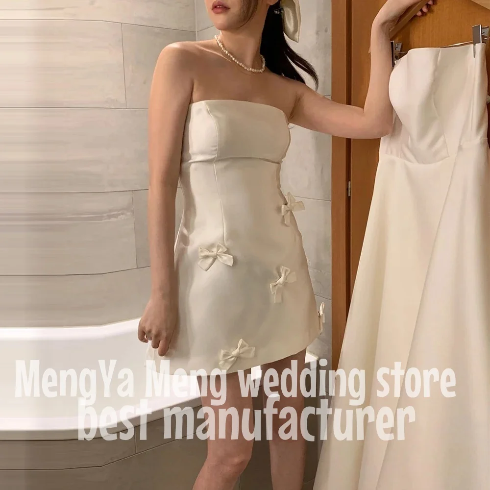 

ZHUISHU Satin Mini Wedding Dresses A-Line Strapless Sleeveless Simple Bride Gowns Knee Length Bow 웨딩드레스 Zipper Custom Made