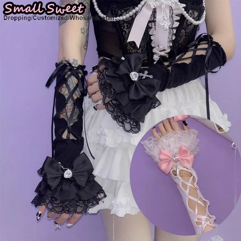 تنوعا y2k الفتيات لوليتا jk القوط المرأة القوس الدانتيل يصل الملابس مطابقة التعادل محبوك غطاء للأكمام نصف مدفئات للذراع