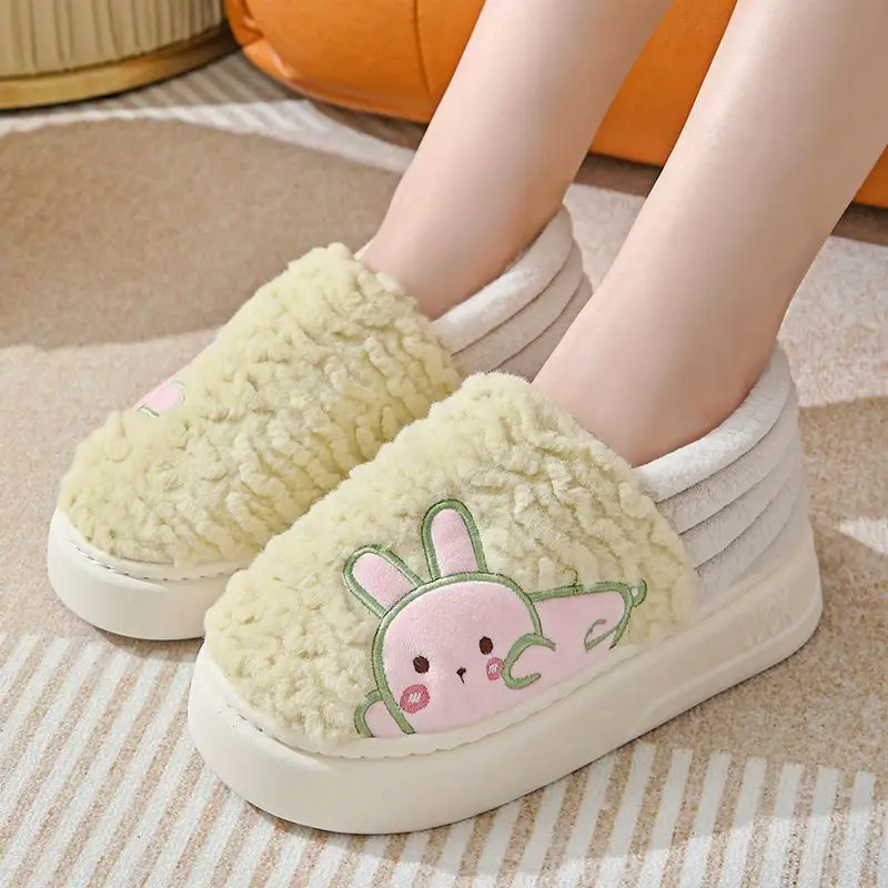

2025 Women's Indoor Full Coverage Heel Cotton Slippers Thick Sole Cute Rabbit Cartoon Trending Home Winter Warm Postnatal Shoes
