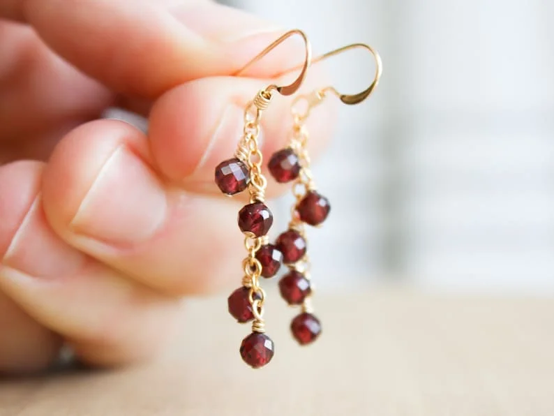 Garnet Cluster Earrings . Garnet Earrings Gold . Garnet Dangle Earrings in