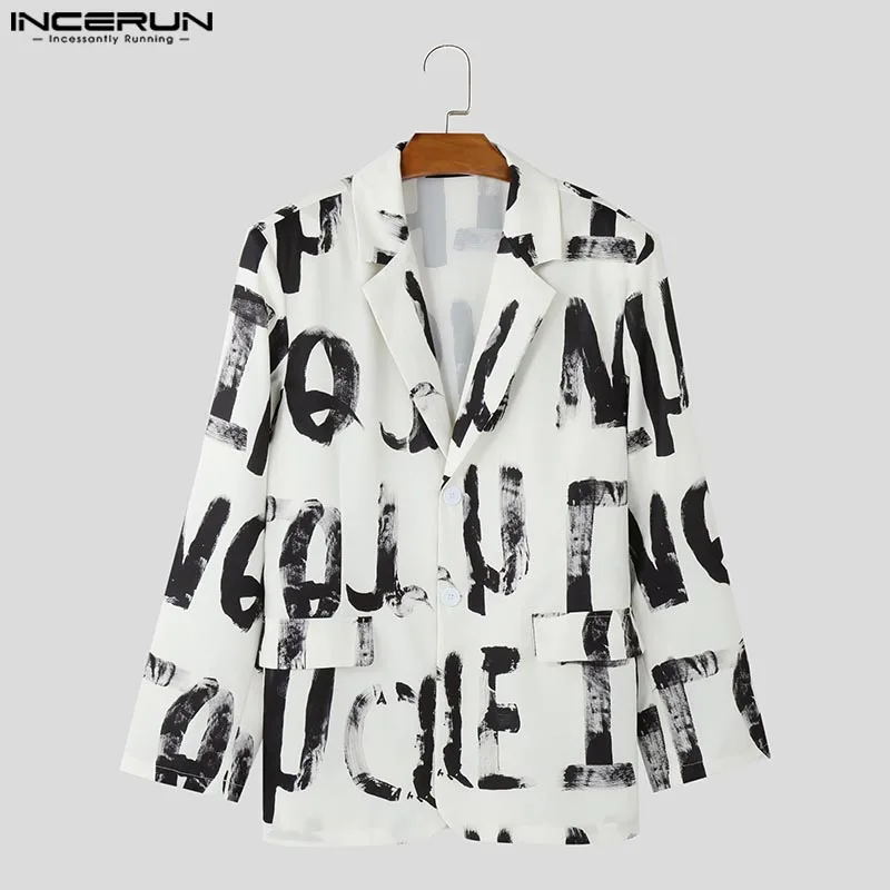 Long Sleeve Loose Simple Open Up Jackets INCERUN Men Artistic Hand-Drawn Letter Design Blazer Casual Lapel Collar Printing Suits