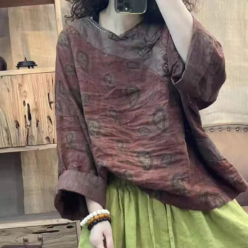 

Spring Summer Arts Style Women Long Sleeve O-neck Loose Casual Shirts Good Quality Cotton Linen Vintage Print Blouse Tops 8603