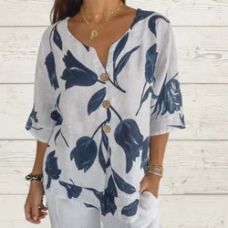 Camisa de lino y algodón estampada para mujer, Jersey de manga corta con cuello en V, ropa informal para primavera y verano, novedad de 2024