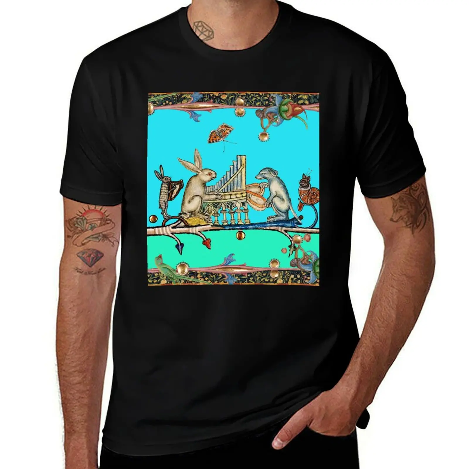 

WEIRD MEDIEVAL BESTIARY MAKING MUSIC,White Rabbit And Dog Playing Organ, Harpist Hare, Snail Cat in Blue T-Shirt