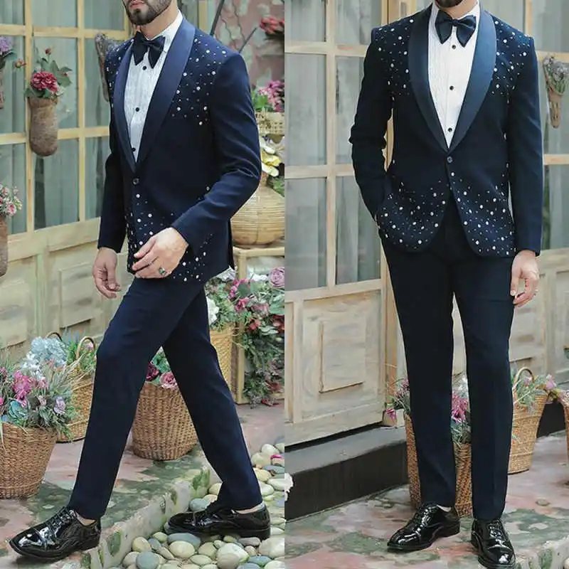 

Fashion Men Wedding Tuxedos Shawl Lapel One Button Jacket Blazers Pearls Beaded Classic Fit Dinner Party Customized