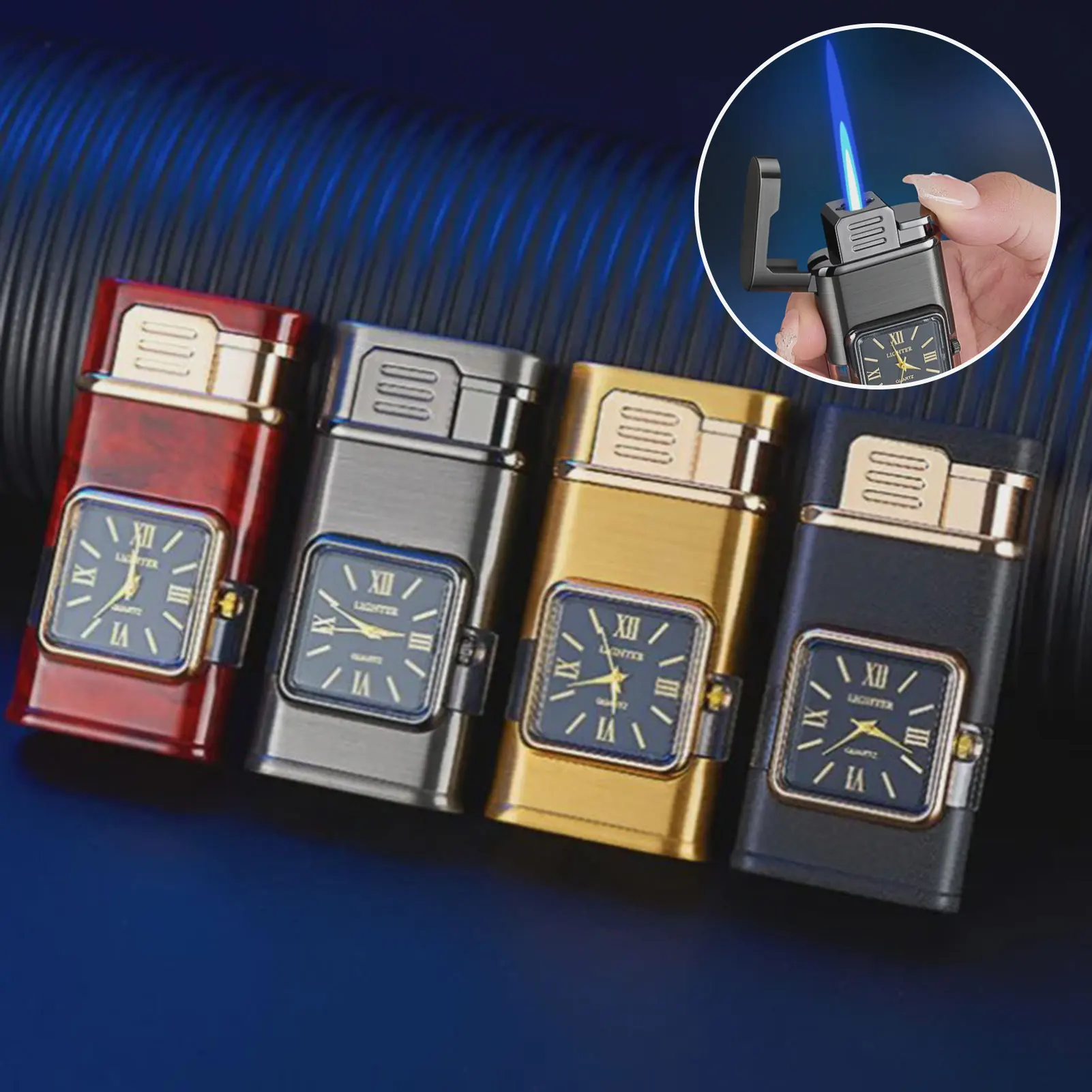 Premium Transparent Clock Lighter Lighter for Men Portable Dual Flames Butane Lighters Men Present Lighters Smoking