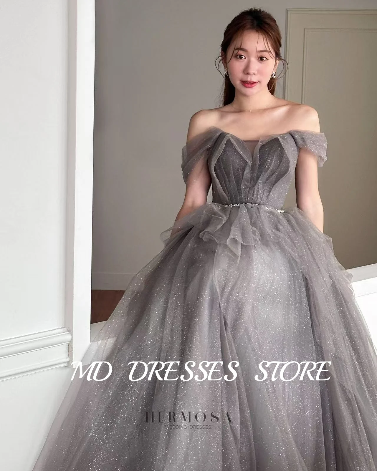 MD Simple Grey Wedding Dresses A-line Tulle Off Shoulder Pleat Korea PhotoShoot Floor-Length Prom Gown Customised Evening Gown
