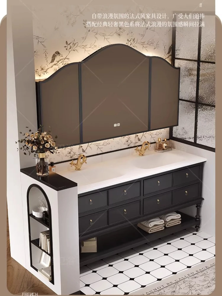 

Французский напольный ретро-шкаф для ванной комнаты из дуба, комбинированный с американской интегрированной раковиной из гнутого дерева.