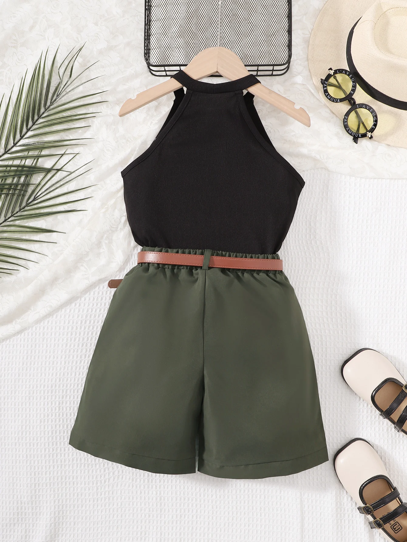 2Pcs Girls Halter Neck Sleeveless Top and Belted Shorts Set Summer Streetwear Party with Pocket Slight Stretch and Pullover