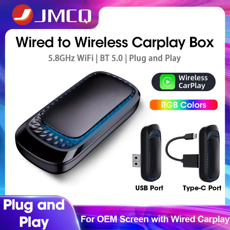 

JMCQ Wireless Carplay Box Adapter 2.4G & 5.8Ghz Wifi Bluetooth USB Type-c Port for OEM Car Multimedia With Wired Carplay