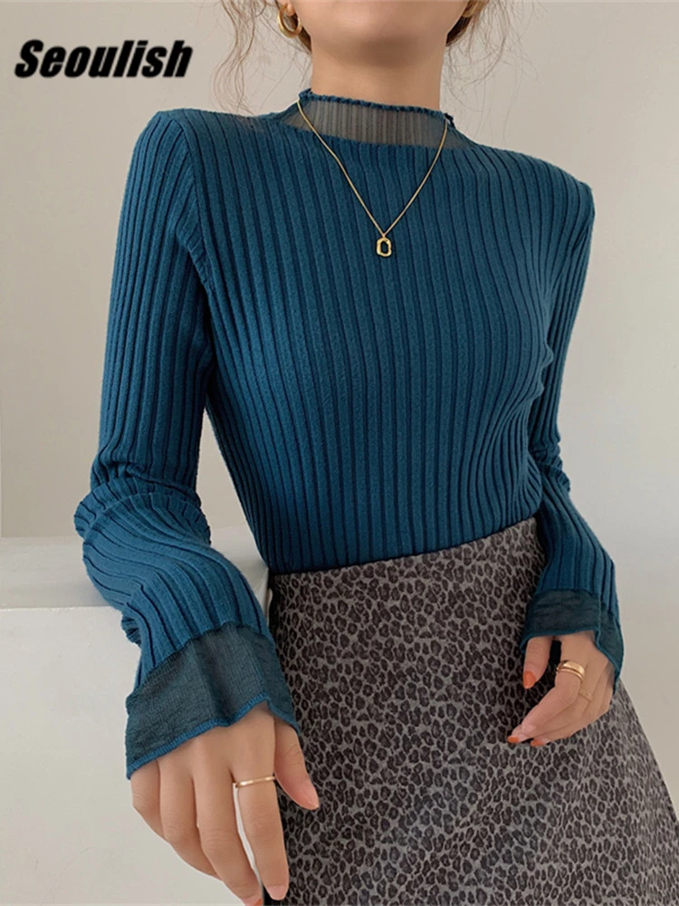 Seoulish Spring Half Turtleneck Knitted Women's Sweaters 2023 New Mesh Patchwork Long Sleeve Bottoming Sweater Female Slim Tops