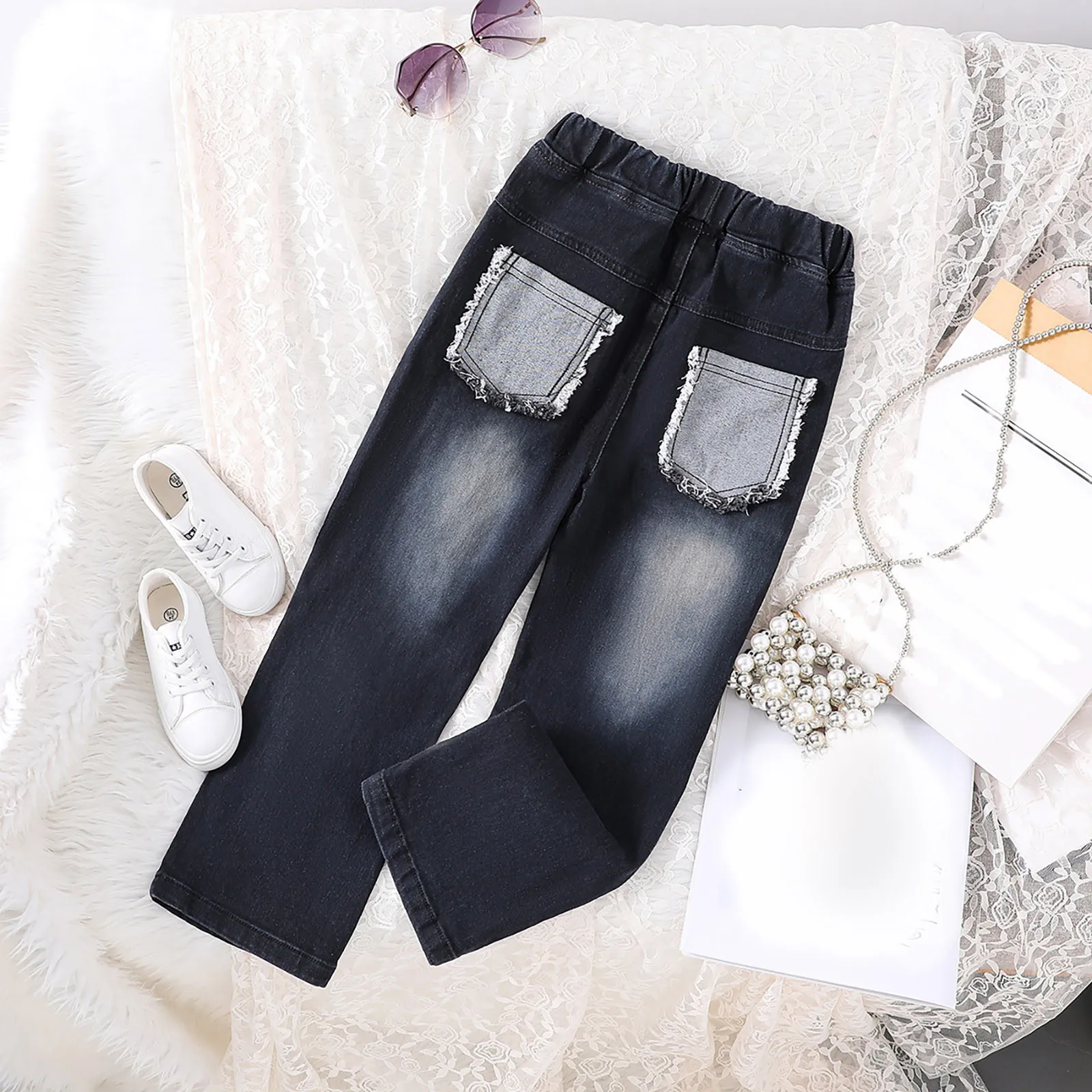 Girls Jeans 2024 Spring Autumn New Paste Cloth Five-pointed Star Straight Denim Pants Trendy Children's Trousers 4 to 12 Years