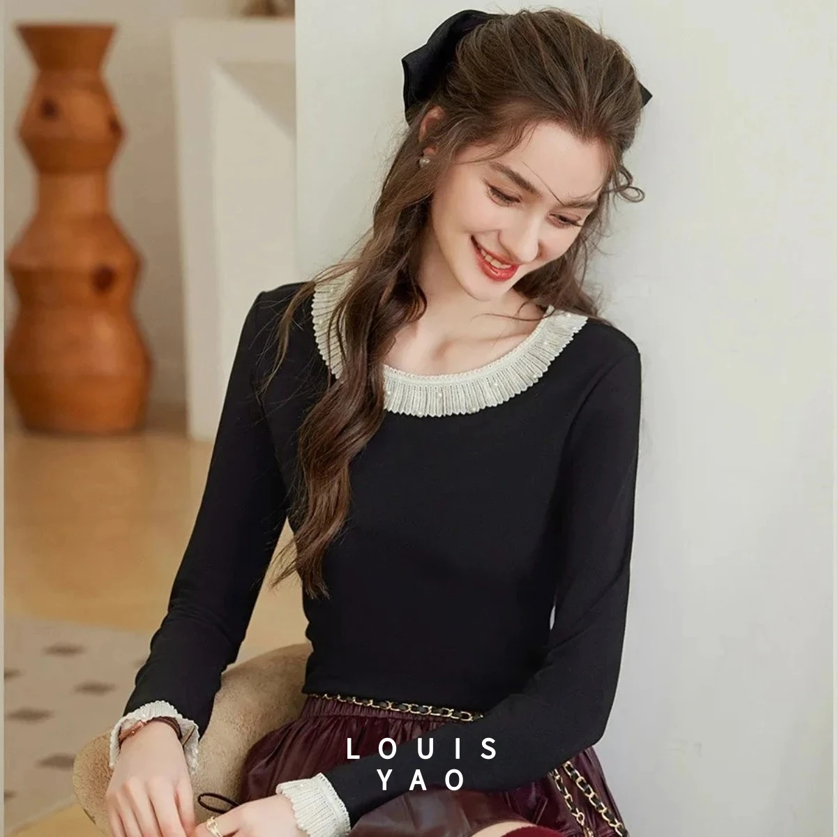 

LOUISYAO плиссированные кружевные футболки с цветными блоками, осенний топ 2022, слегка эластичная женская футболка с прямыми плечами и рукавами