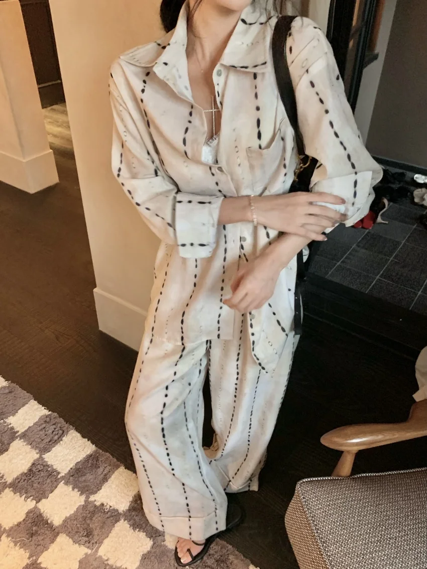 Alien Kitty-Conjuntos sueltos informales para mujer, camisas de manga larga con estampado de protección solar, pantalones de pierna ancha suaves, elegantes, para oficina