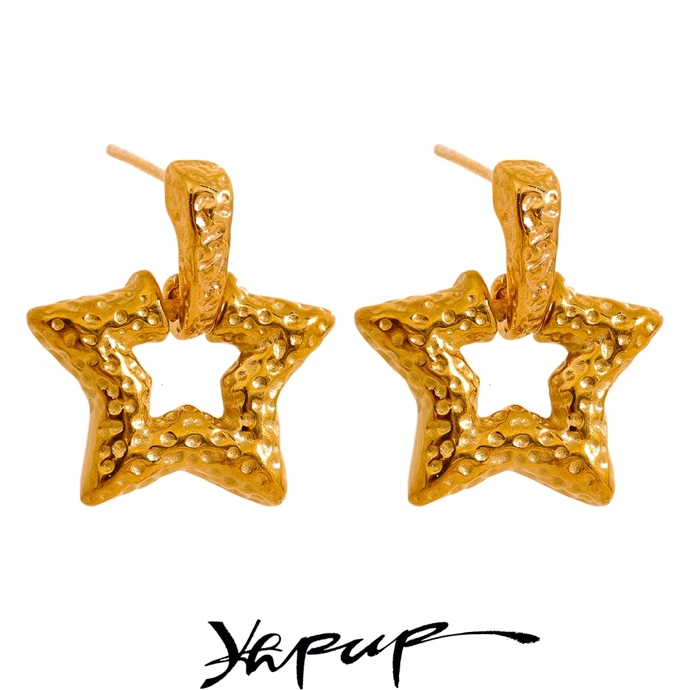 Yhpup Stainless Steel Star Hollow Drop Earrings Gold Silver Color Metal 18K PVD Plated Waterproof Vintage Stylish Daily Jewelry