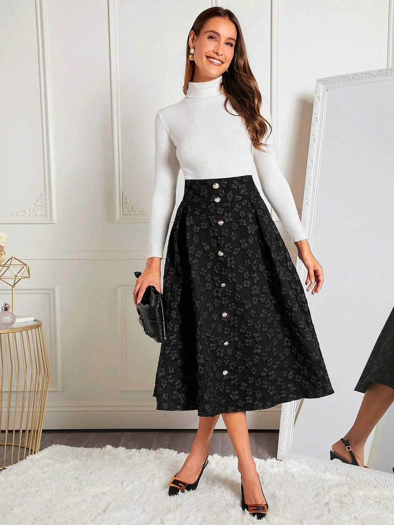 European And American New Autumn Printed Mid Length Skirt Women's Commute High Waist Slim Big Swing Skirt s847