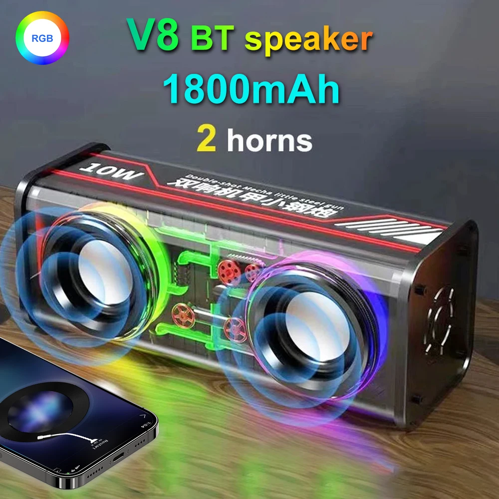 V8 مكبر صوت ميكا شفاف بلوتوث 5.3 لاسلكي باس مضخم صوت غشائي صندوق الصوت الموسيقى TWS ستيريو مكبرات الصوت LED مكبر الصوت