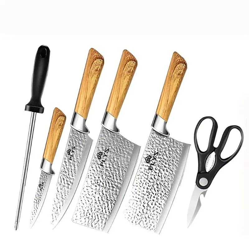 6PCS Handmade Forged Kitchen Knife Set Wooden Handle Butcher Knife with Cover Meat Cleaver Boning Knife Household Sharp Gift