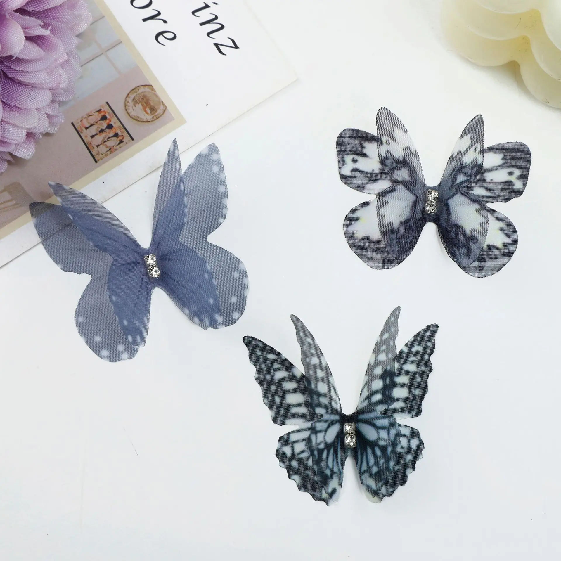 500pcs 4.5cm Handmade Rhinestone Double Layer Butterfly Appliques For DIY Headwear Hairpin Crafts Decor Wedding Accessories