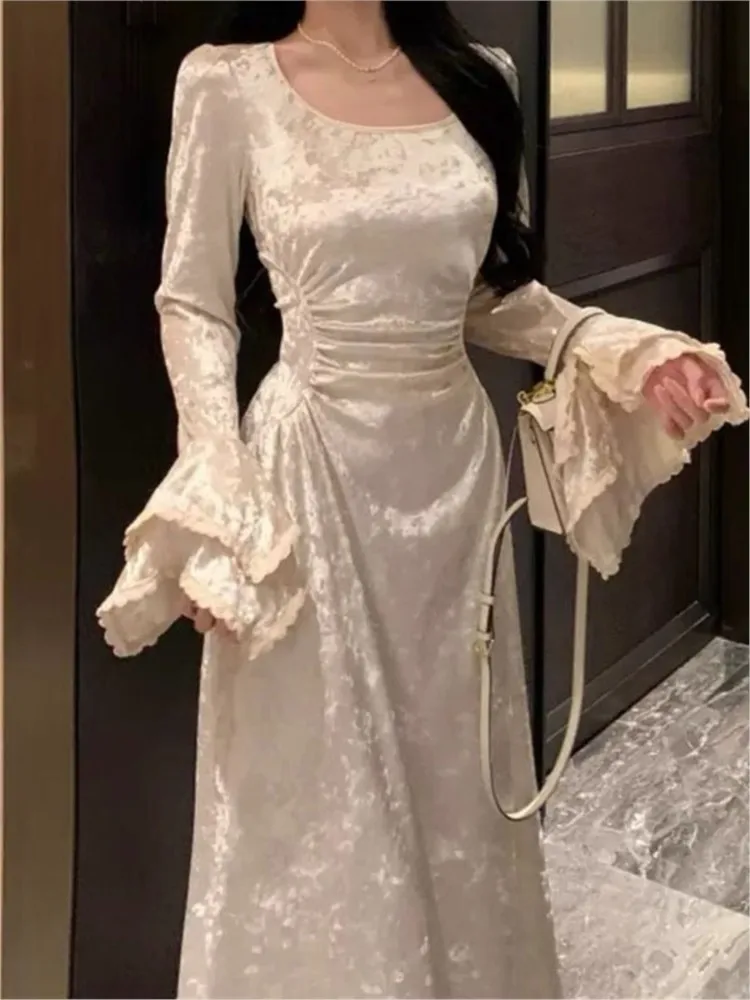 

Autumn Elegant Velvet Midi Dresses For Women Lace Patchwork Flare Sleeve A-line Birthday Party Dress Vestidos Mujer New
