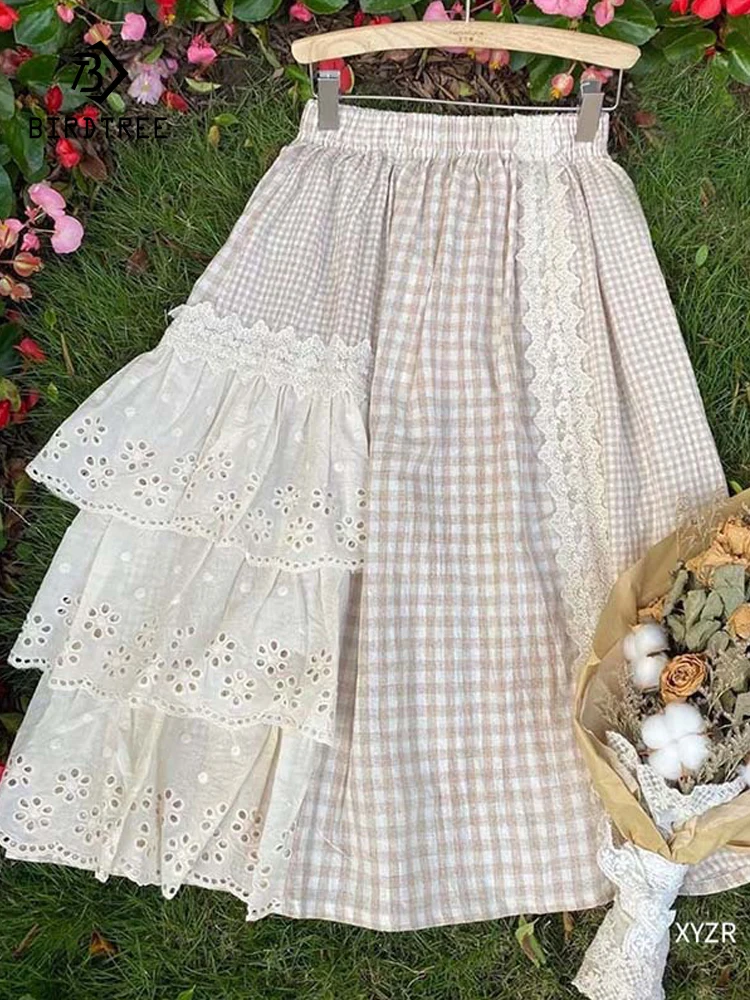 

New Autumn Cotton Sweet Skirts, Women Elastic Waist Lace Plaid Skirt, Mori Girl French Sweet Loose A-line Skirt, Winte B48631QC