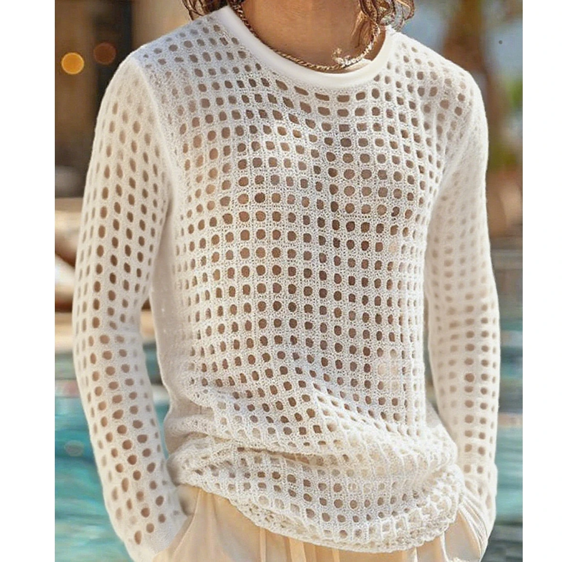Collection Men's Tops Long Sleeve Crew Neck Loose Fitted Casual Solid Color Crochet Hollow Out Shirt
