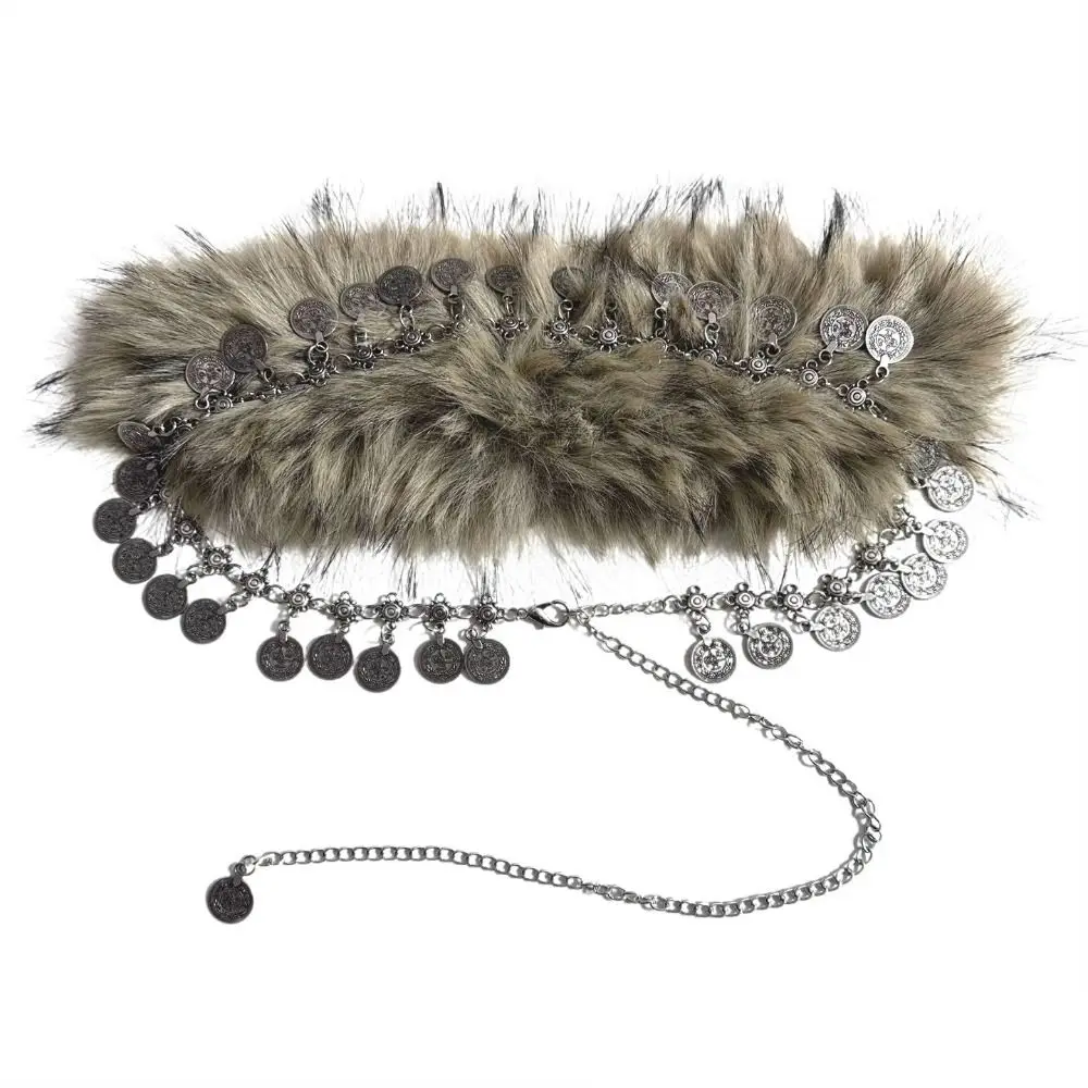 خمر العصرية تصميم فو الفراء أحزمة فتاة حار فاسق جولة عملة أحزمة وسط Y2K سلسلة معدنية شرابة الخصر سلسلة النساء الموضة #4