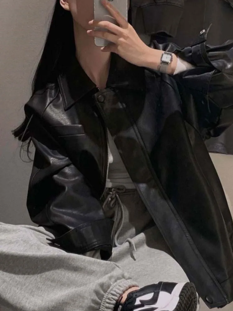 Sli PU Leather Jaet Women's Chic Retro Collar Loose Versatile BF Sle Motorcycle Clothes Trendy Long Sve Zipper