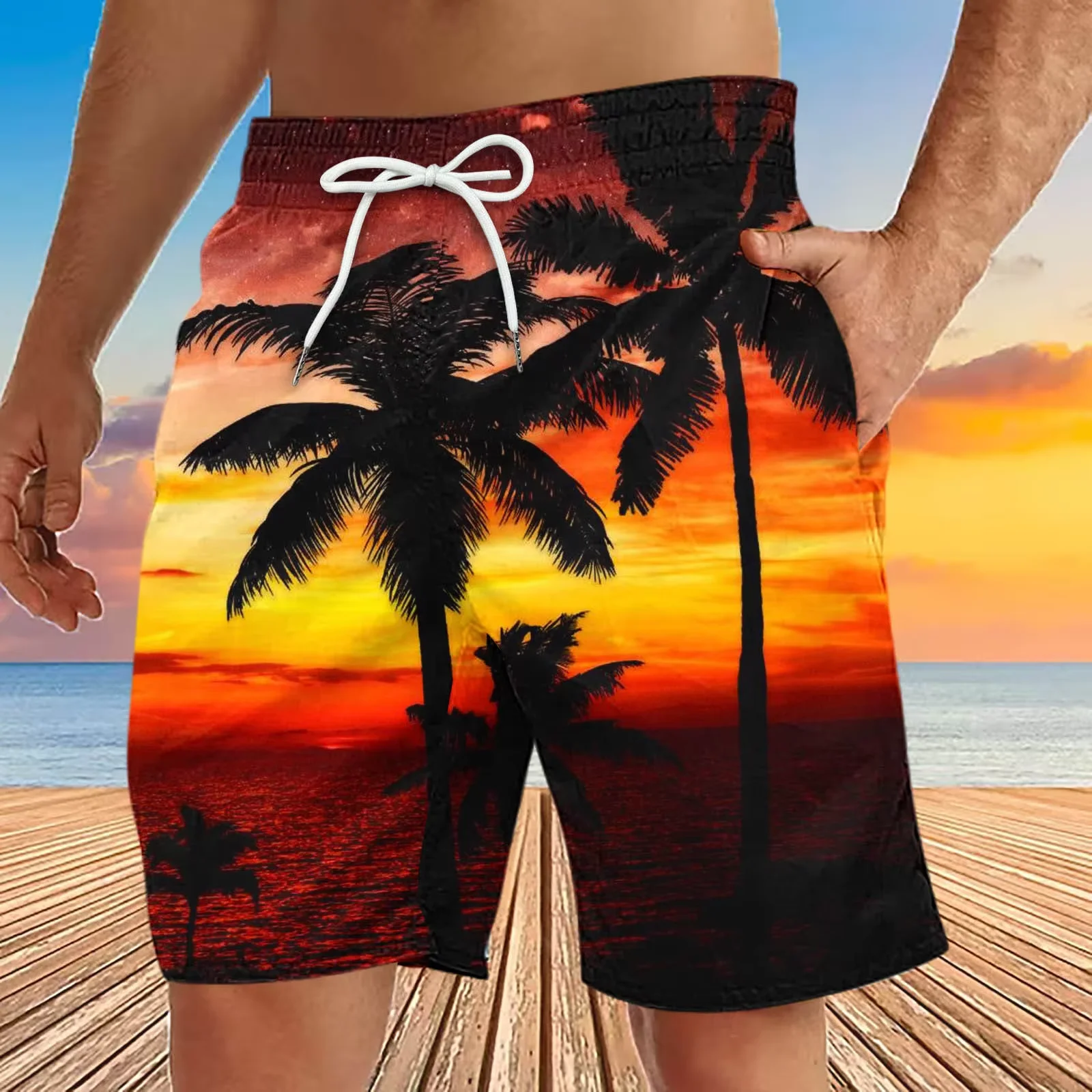 Shorts de Banho Masculinos Estampados para Verão 2026, Secagem Rápida, Estilo Boardshort, Estampa Floral Tropical, Cintura Elástica, Roupa de Banho Casual