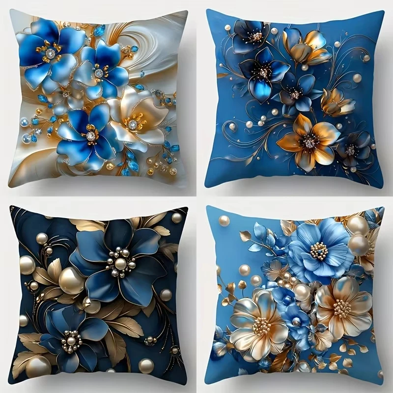Kissenbezug mit Blumenmuster in Blau und Gold |   Doppelseitiger, digital bedruckter Kissenbezug für Sofa, Schlafzimmer und Auto, Heimdekoration