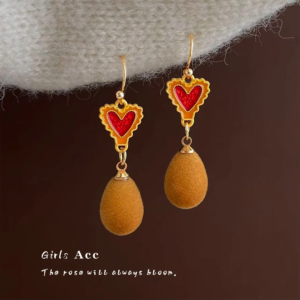 

Retro Literary Niche Maillard Flocked Earrings Fashion Enamel Glaze Heart Shape Long Drop Dangle Earrings For Women Wholesale115