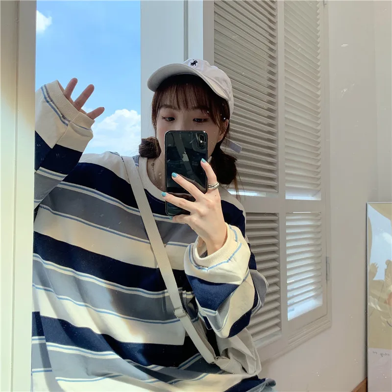 Striped T Shirt for Women 2026 Fall Winter Thin Loose Fit Long Sleeve Rainbow Stripe Casual Blouse Tee Top Plus Size Streetwear