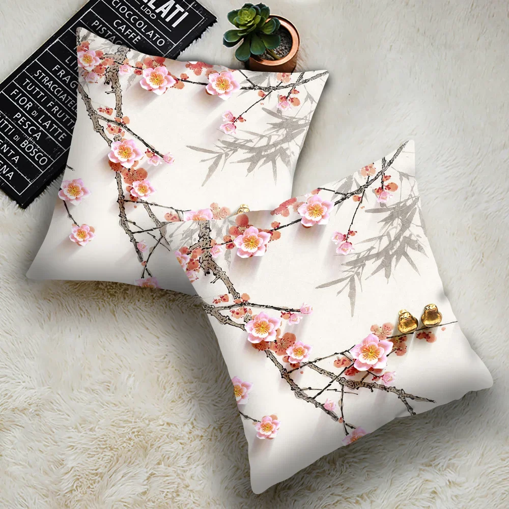 45x45cm Square Chinese Landscape Painting Cushion Cover Vintage Plum Polyester Pillow Case