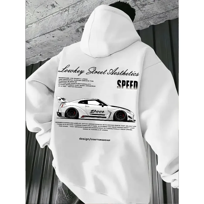 

Новинка 2026: Мужское худи с графическим принтом спортивного автомобиля, белое, в уличном гоночном стиле, пуловер с принтом букв SPFRD, уличная одежда