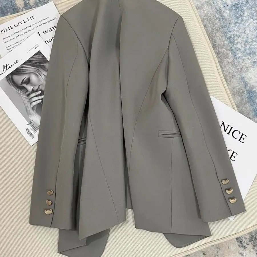 2024 Spring And Autumn New Versatile Fashion Gray Suit Women\'s Loose Fashion Mid Length Flip Collar Coat