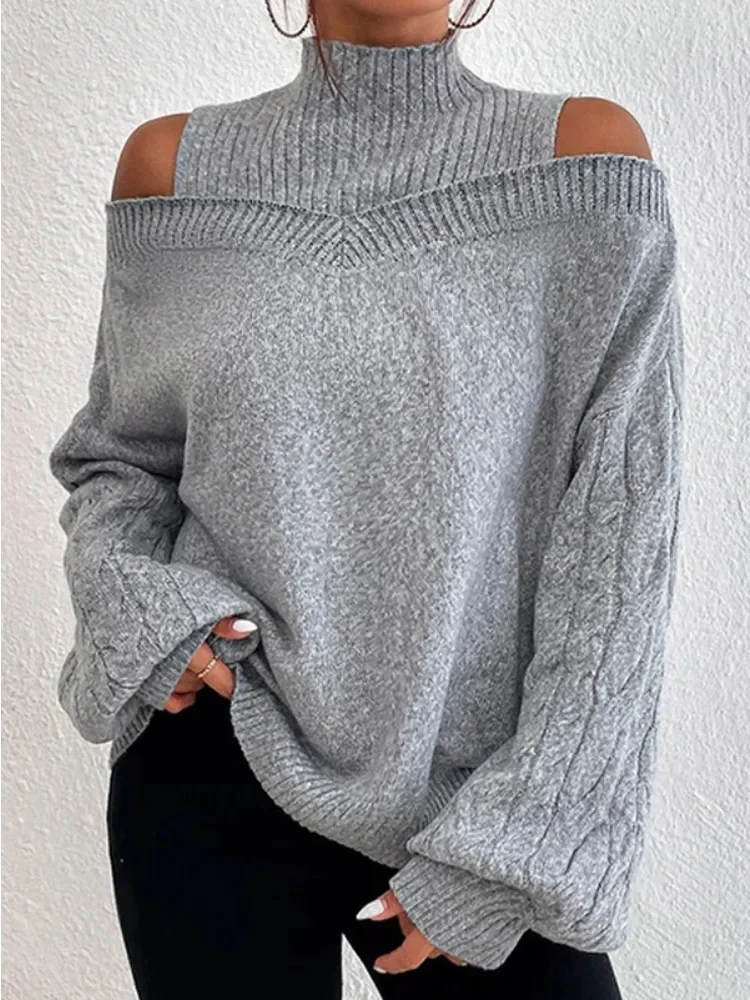 Krisnanas Women Y2k Tops 2024 Fashion Long Sleeves Loose Hollow Solid Color Split-Joint Cold Shoulder Pullovers Sweater Tops